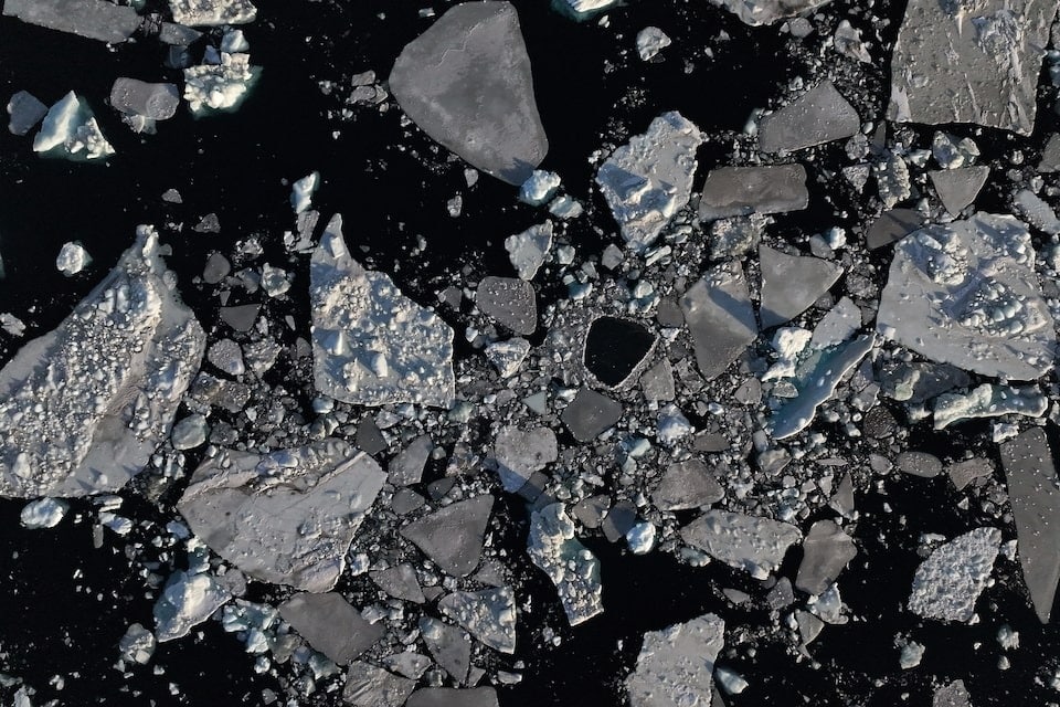 A Drone View Of Ice Blocks Floating In The Sea Waters Near Nuuk, Greenland